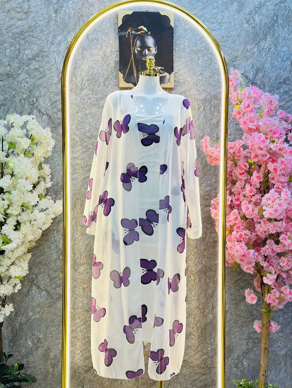 CW-572 | 2-Piece Butterfly Printed Long Gown Dress – Elegant Chiffon Upper & Silk Inner | Choice Wear