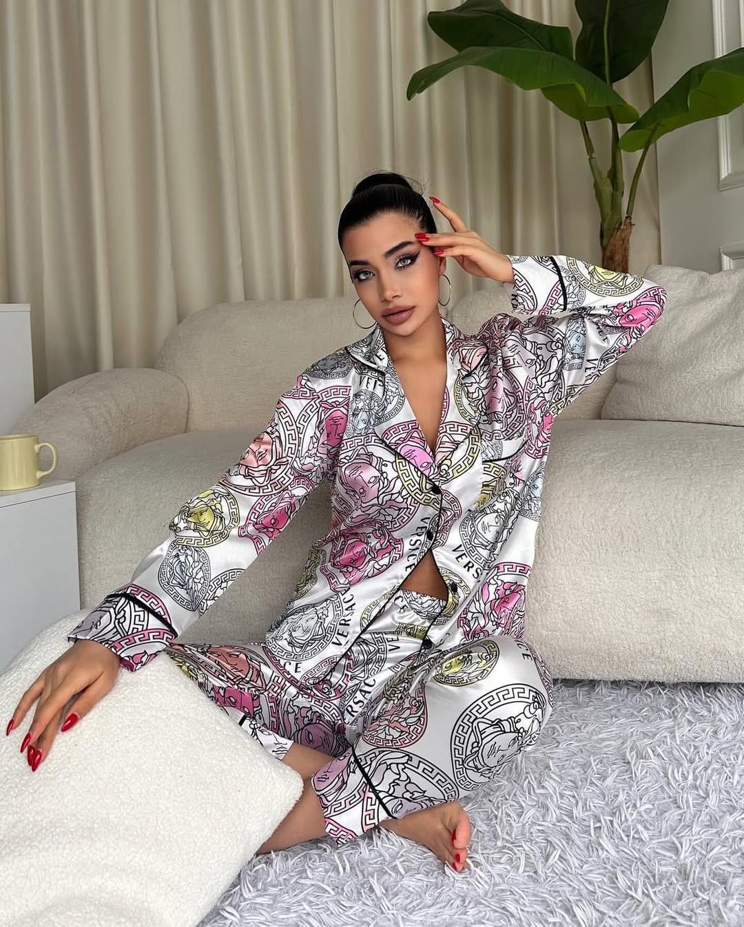 D6 | Luxury Printed Silk Pajama Set for Women – Choice Wear