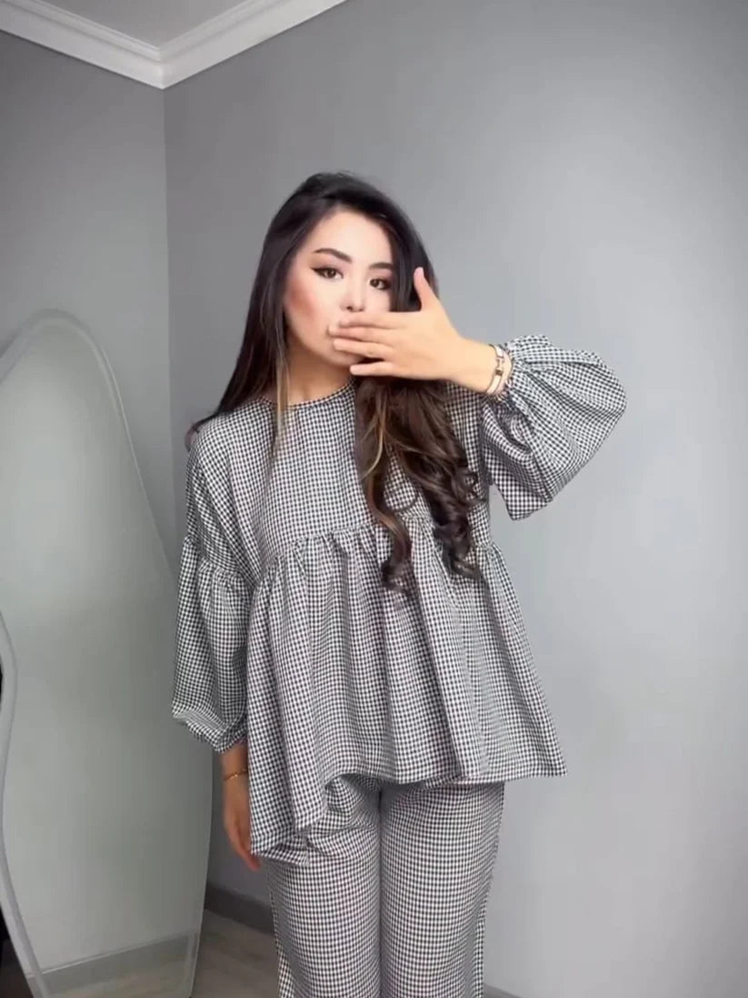 CW-552 | Classic Checkered Cotton Co-ord Set – Frock Style Top & Trouser | Choice Wear